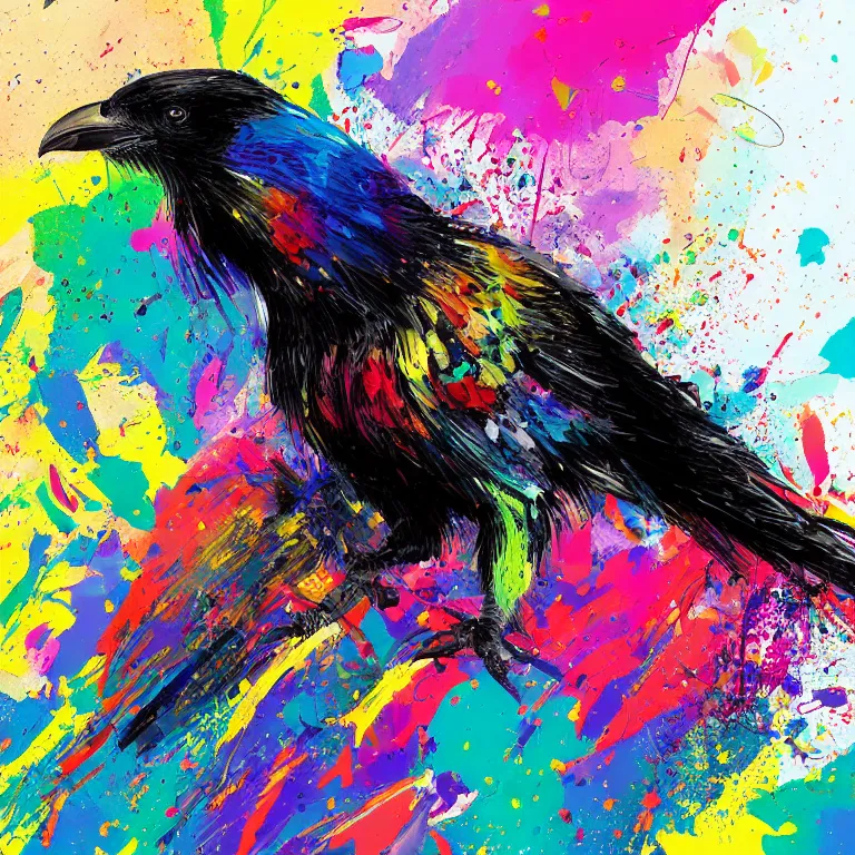 Prompt: colorful illustration of black raven bird in headphones, colorful splatters, by andy wrahol and zac retz and kezie demessance