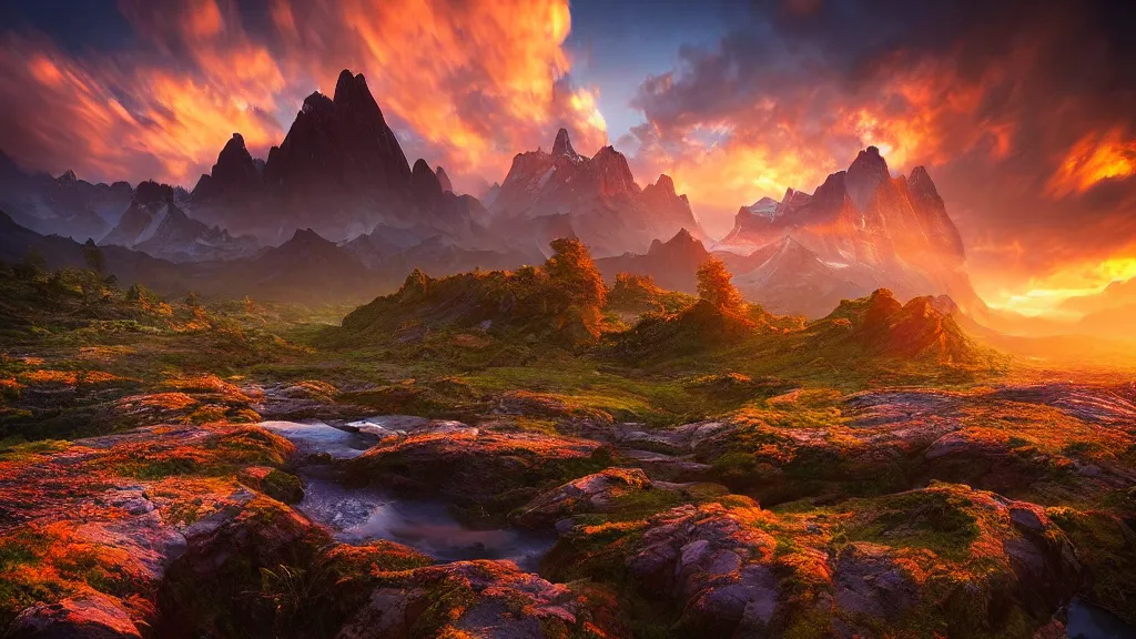 Image similar to amazing landscape photo of an isekai world in sunset by marc adamus, beautiful dramatic lighting