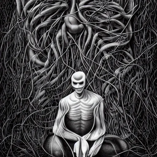 Prompt: monochrome faceless man praying with vines grow on his body, death, irregular, photorealistic, monochrome, hyper realism, unreal engine, trending in artstation