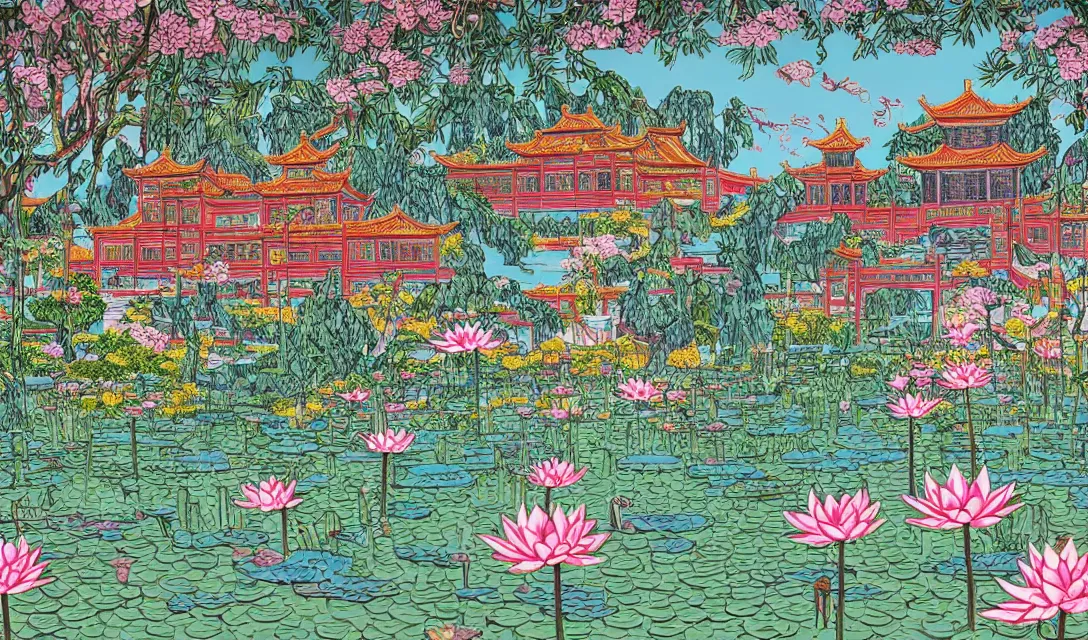 Prompt: detailed close - up image of magnificent chinese palace with a garden and a lotus pond, pop - art style, jacky tsai style, andy warhol style, roy lichtenstein style, rich palette, acrylic on canvas