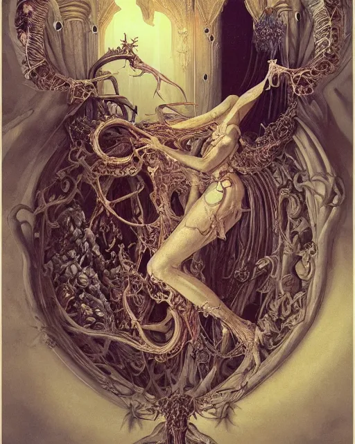 Image similar to a beautiful detailed front view of a dead rotten princess growing ornate baroque, ornamentation, elegant, beautifully soft lit, by wayne barlowe, peter mohrbacher, kelly mckernan