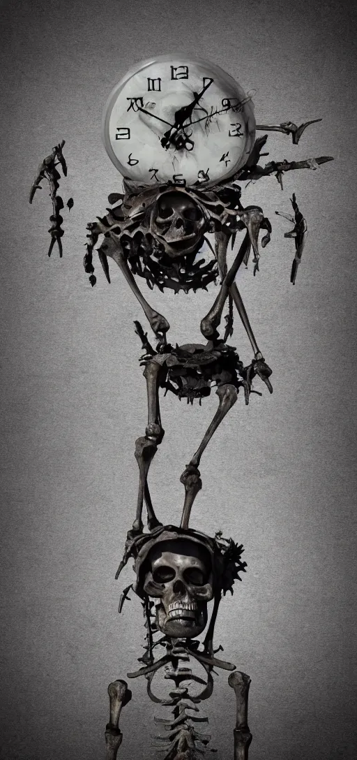 Prompt: a clock melting onto the top of a skeletons head in a desolate wasteland
