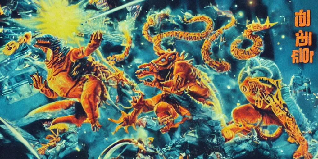 Image similar to Hindu Gremlin Godzilla Space Cowboys, catalogue photography, exciting toy commercial circa 1992