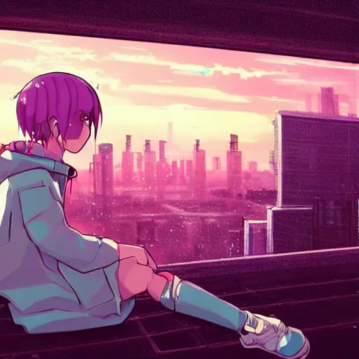 Image similar to android mechanical cyborg anime girl child overlooking overcrowded urban dystopia sitting. Pastel pink clouds baby blue sky. Gigantic future city. Raining. Makoto Shinkai. Wide angle. Distant shot. Purple sunset. Sunset ocean reflection. Pink hair. Pink and white hoodie. Cyberpunk.