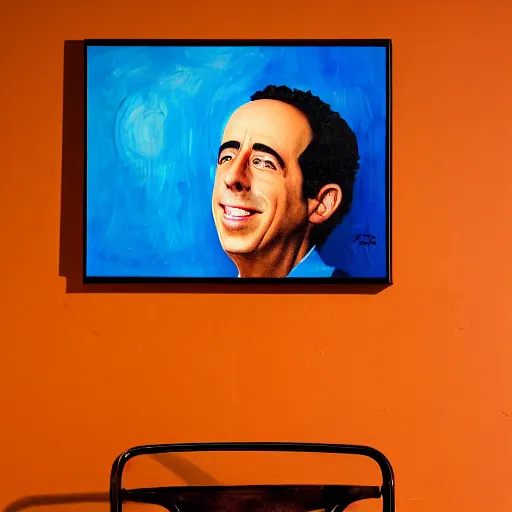 Image similar to coffee cup with an oil painting of jerry seinfeld, studio lighting, 4 k