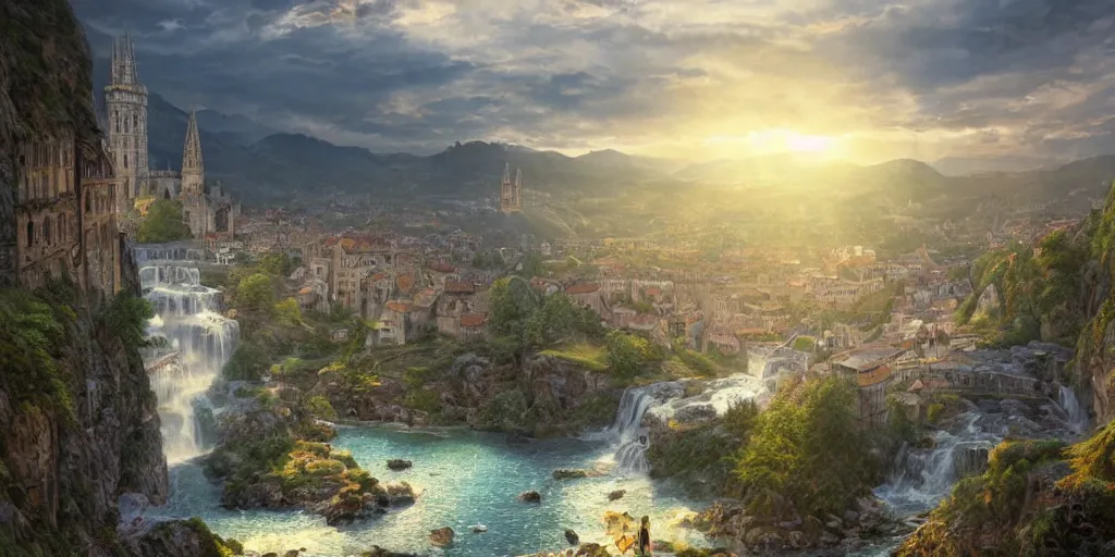 Image similar to beautiful waterfall between lush mountains in the sunset casting rays of light into medieval city below, highly detailed, baroque, brutalist architecture, sharp focus, artgerm, cgsociety, desaturated