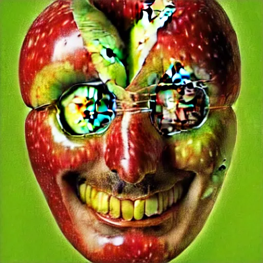 Prompt: giuseppe arcimboldo, steve jobs, many small apples making a face, red apples, green apples, yellow apples, leaves, branches, detailed photograph, intricate portrait design