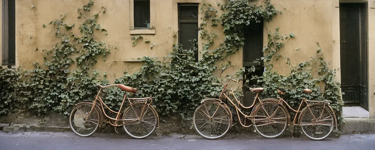 Image similar to spaghetti growing on ivy on a parisian side street, 1 9 5 0 s, canon 5 0 mm, bicycle, kodachrome, in the style of wes anderson, retro