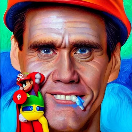 Image similar to painted portrait of jim carrey as super mario, highly detailed, colourful, brushstrokes, highly detailed