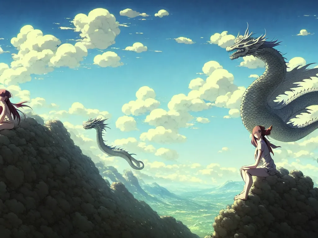 Image similar to a vast scene, panorama distant view, hyper detailed scene render of a beautiful girl sit on a huge silver dragon back, in the white clouds fairyland, animation portrait concept art, style of makoto shinkai, xision, james jean and peter mohrbacher, studio ghibli, artgerm, karol bak, beeple, 4 k hd, animation style