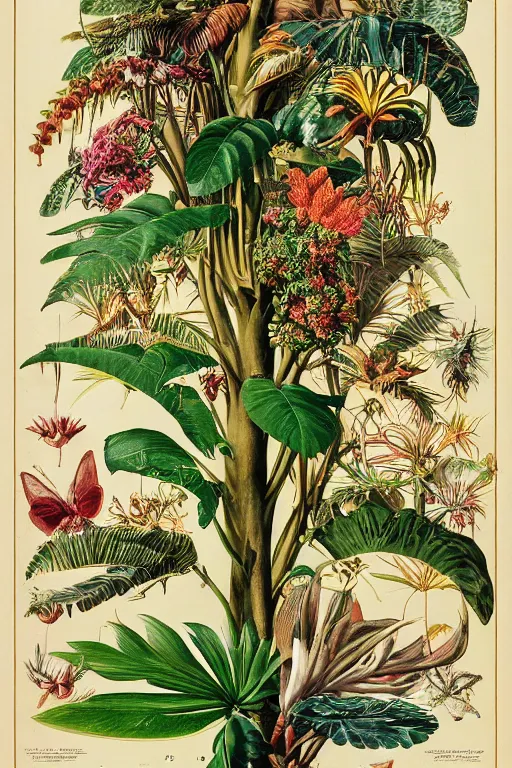 Prompt: vintage magazine advertisement depicting all of the tropical plants in the world, by marius lewandowski, by ernst haeckel