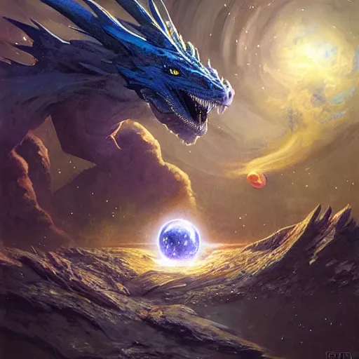 Image similar to prompt blue crystalline European dragon devouring a planet, space, planets, moons, sun system, nebula, oil painting, by Fernanda Suarez and and Edgar Maxence and greg rutkowski