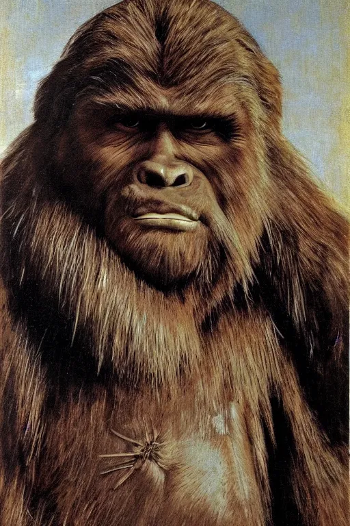 Prompt: a closer personal portrait of bigfoot with very piercing eyes, very charismatic. in the old west. masterpiece, dark. painted by norman rockwell and james gurney