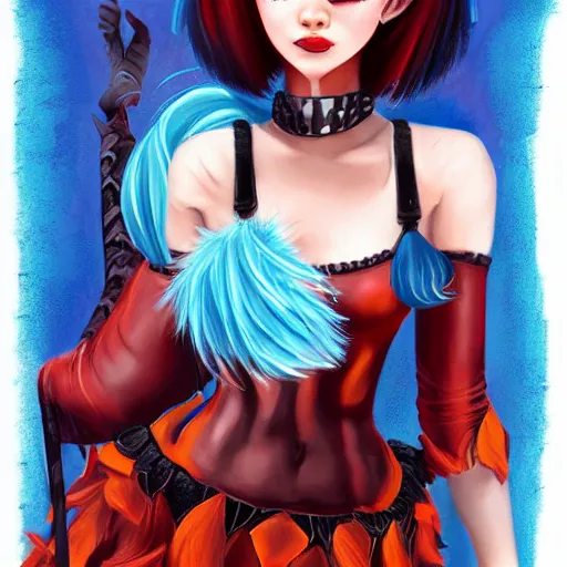 Prompt: illustrated realistic portrait of ram-horned devil woman with blue bob hairstyle and her tangerine colored skin and with solid black eyes wearing leather by rossdraws