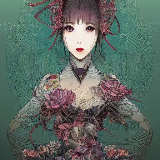 Image similar to the portrait of an absurdly beautiful, graceful, elegant, and sophisticated mature anime woman made of garlic bulbs, an ultrafine detailed illustration by james jean, intricate linework, bright colors, final fantasy, behance contest winner, vanitas, angular, altermodern, unreal engine 5 highly rendered, global illumination, radiant light, detailed and intricate environment