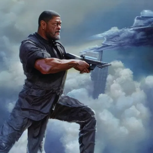 Prompt: a beautiful matte painting of laurence fishburne in an action movie, by steve argyle and mark arian