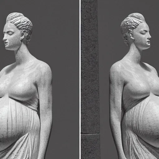 Image similar to a statue made of white marble with gold veins, of a fully dressed beautiful pregnant woman, wearing a dress, perfect symmetrical body, perfect symmetrical face, closed eyes, hyper realistic, hyper detailed, fujicolor superia, bokeh background, full body shot, vatican, by peter kemp, by monia merlo octane render, blender, 8 k