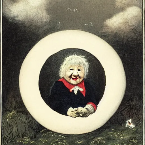 Image similar to candid portrait of white ball with a human face smiling wide, surrounded by clouds, illustrated by peggy fortnum and beatrix potter and sir john tenniel