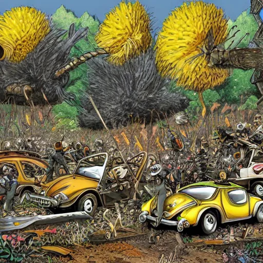 Image similar to highly detailed illustration of a beetle and the beatles battling on the battleground