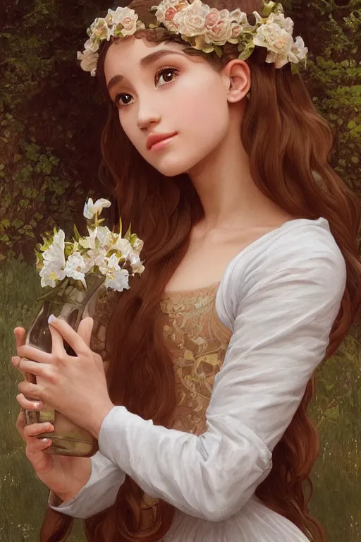 Prompt: beautiful cottagecore Ariana Grande holding a skin colored vase. intricate, elegant. the background is made of human bodies !. highly detailed, digital painting, artstation, concept art, smooth, sharp, focus, illustration. . art by artgerm and greg rutkowski and alphonse mucha
