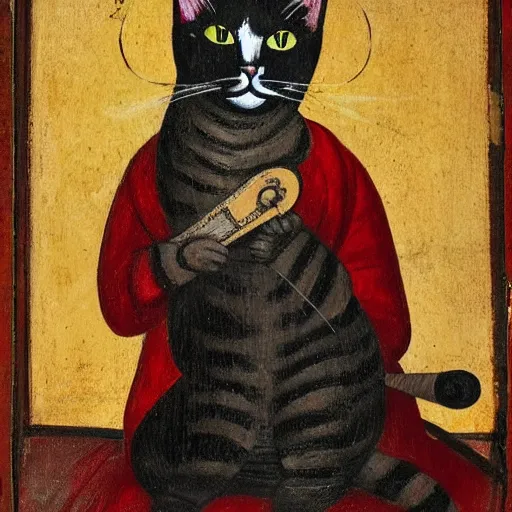 Image similar to cat with lute, medieval portrait, colorful, medium shot