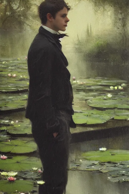 Image similar to detailed cinematic moody colors studio portrait of a young victorian gentleman in a beautiful victorian water pond, water lilies, high quality by jeremy mann, only one head single portrait