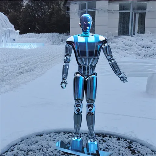 Image similar to made of ice, a realistic detailed photo of a guy who is an attractive humanoid who is half robot and half humanoid, who is a male android, on display, blank stare, showing off his muscles, shiny skin, posing like a statue, by the pool, frozen ice statue, twitch streamer / gamer ludwig, humanoid robot