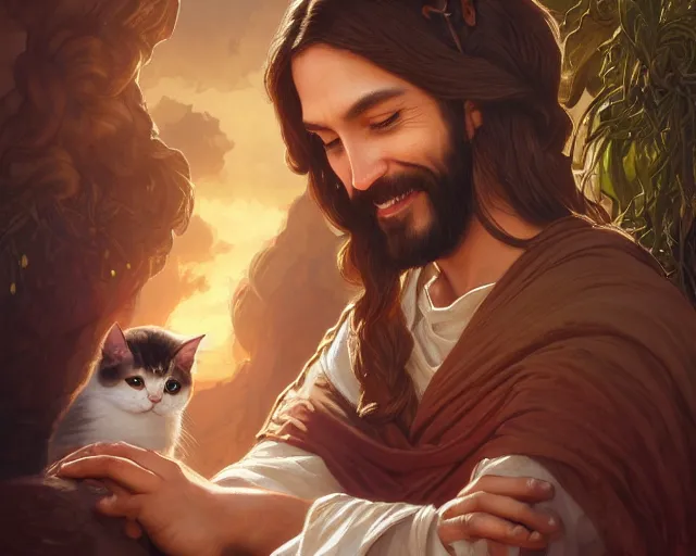 Image similar to photography of jesus christ with uwu smile and cute cat ears, deep focus, d & d, fantasy, intricate, elegant, highly detailed, simple background, digital painting, artstation, concept art, matte, sharp focus, illustration, hearthstone, art by artgerm and greg rutkowski and alphonse mucha