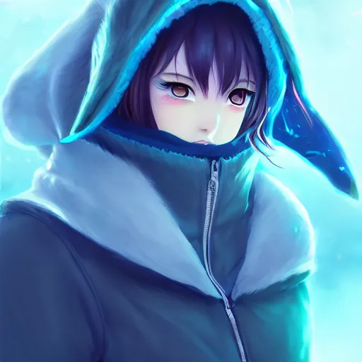Prompt: advanced anime character art render, beautiful anime girl wearing a whale skin hoodie outfit ,blue watery eyes, mid close up shot , medium shot, Rossdraws, WLOP , Sakimimichan