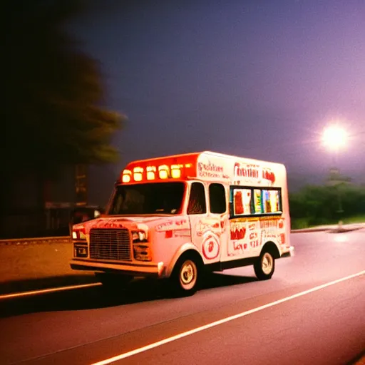 an ice cream truck driving on the road at night with | Stable Diffusion ...