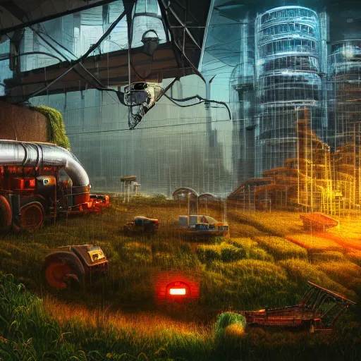 Image similar to fully detailed landscape of a cyberpunk farm underground , watertank, futuristic tractors, farmhouse, mushroom, overgrowth, Ai , Bots , drones , cinematic lightening, in the future, high quality, 8k , octane render, trending on artstation , greg rutowski