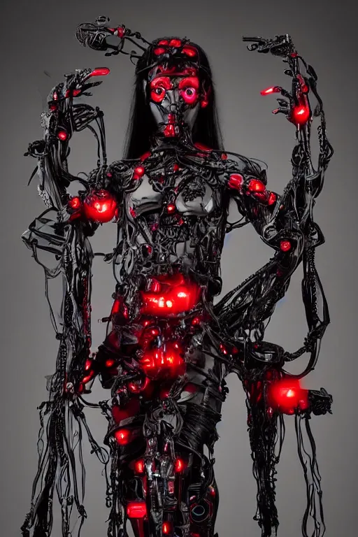 Prompt: full-body cyberpunk style sculpture of a young beautiful dark priestess, half android with a head opening exposing circuitry, glowing red eyes, black roses, flowing blood red colored silk fabric. baroque elements, candles, human skull, crows flying in background. full-length view. baroque element. intricate artwork by Caravaggio. Trending on artstation, cinematic lighting from the right, hyper-realism, octane render, 8k, depth of field, 3D, conceptual art