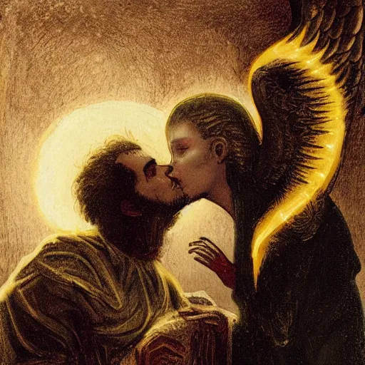 Prompt: necromancer kissing an angel