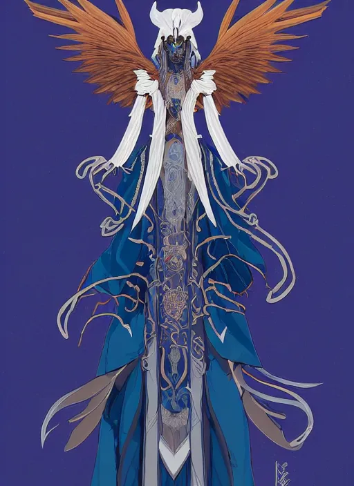 Image similar to hawk and raven headed warlock, wind magic, blue robes, exquisite details, full body character design on a white background, by studio muti