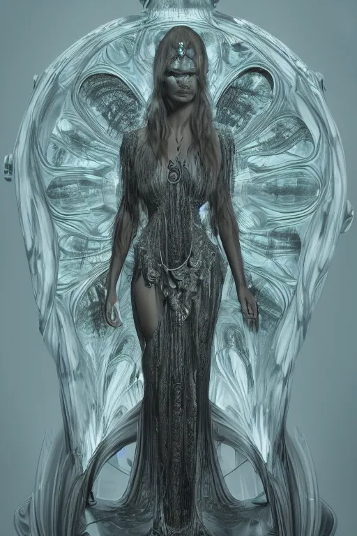 Image similar to a realistic moody photo of a beautiful ancient alien woman goddess kate moss durga standing in iris van herpen dress jewelery and fractals in style of alphonse mucha art nuvo dmt trending on artstation made in unreal engine 4