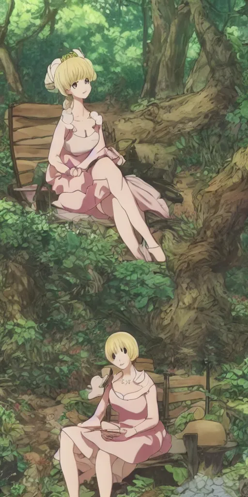 Prompt: a single queen sitting by herself on a sofa in a forest, drawn by CloverWorks, elegant, beauty, nurturing