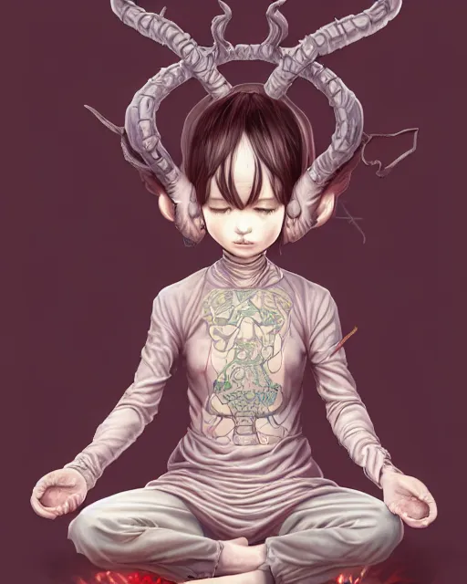 Image similar to a tiny cute demon floating while meditating and wrapped in sacred scrolls, smooth, intricate, elegant, digital painting, artstation, concept art, sharp focus, octane render, illustration, art by shintaro kago, apex legends character,