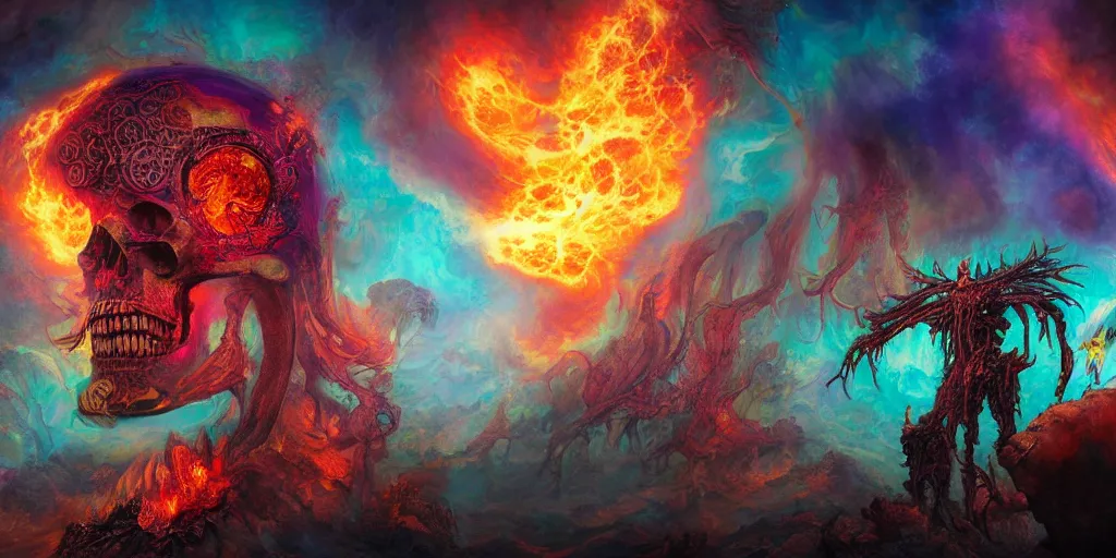 Image similar to gigantic psychedelic demonic cosmic skull of death and fire, outer space, fantasy painting, ultra realistic, dmt, symmetrical, wide angle, intricate details, digital painting, rainbowshift, vivid colors, highly detailed by peter mohrbacher, h. r. giger, maxfield parrish, craig mullins, octane render, cgi