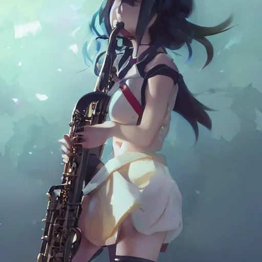 Image similar to anime girl Playing the sax instrument , digital Art, Greg rutkowski, Trending cinematographic artstation