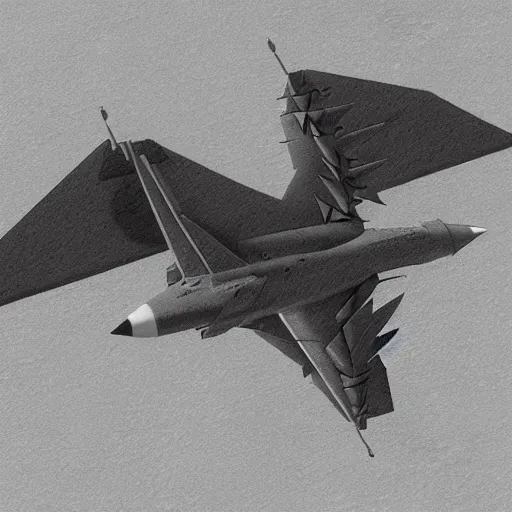 Image similar to modern jet fighter shaped like a mythical dragon carrying a full set of missiles high in the sky, hyper realistic, digital pencil art