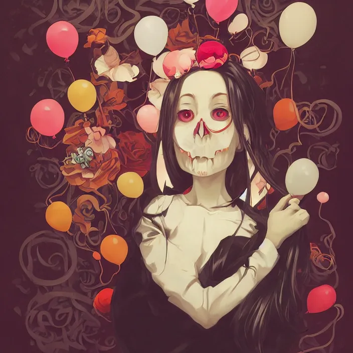 Image similar to anime skull portrait woman, balloons, mucha, hard shadows and strong rim light, art by jc leyendecker and atey ghailan and sachin teng