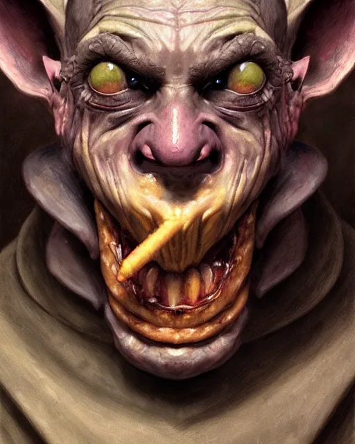 Image similar to closeup profile face portrait of a medieval goblin eating cakes in the cloisters, beautiful face, hyper realistic, highly detailed, digital painting, artstation, illustration, concept art by hyung tae, frank frazetta, bosch, giger, digital paint, matte paint, washed colors, dark, gloomy