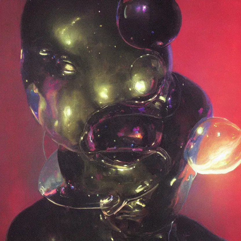 Prompt: a neoclassicist close - up portrait of a black man glowing cloaked in silk with glowing bubbles and iridescent and reflective alien technology. foggy black background with dark puffy glowing clouds. highly detailed science fiction painting by norman rockwell, frank frazetta, syd mead and moebius. rich colors, high contrast, gloomy atmosphere, dark background. trending on artstation.