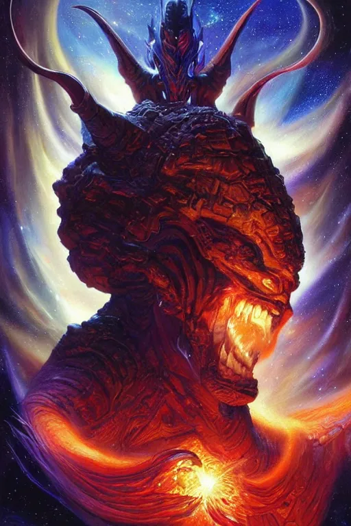 Prompt: beautiful oil painting with high detail of a interstellar demon made of stars and plasma, hybrid from dungeons and dragons and art direction by James Cameron ;by artgerm; wayne reynolds art station; Drew Struzan movie poster. cinematic quality character render; low angle; ultra high quality model; production quality cinema model;