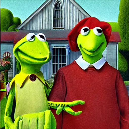 Image similar to kermit and elmo in the style of american gothic by grant wood