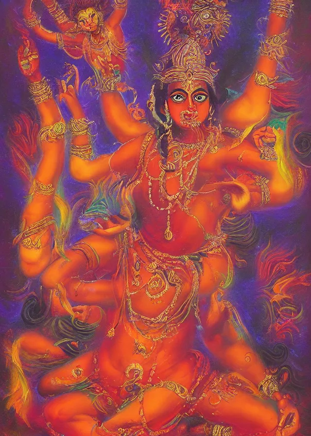 Image similar to Kali deva of the golden blood dance beloved deva, ethereal gnostic mist, award winning oil painting, chromatic aberration surreal colors