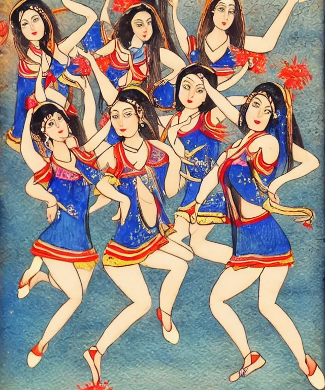 Image similar to a persian miniature painting, cute cheerleaders dancing, shorts, ultra sharp, extra details, ultra high quality, trending on pinteresst
