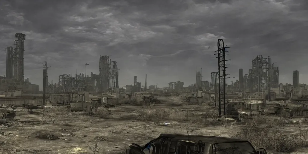 Image similar to nuclear fallout wasteland, dark future