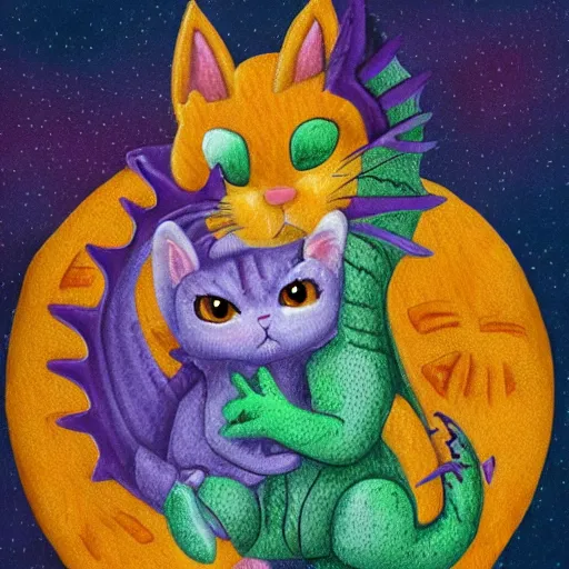 Image similar to small cute purple dragon, the dragon is hugging an orange tabby cat, soft, cozy