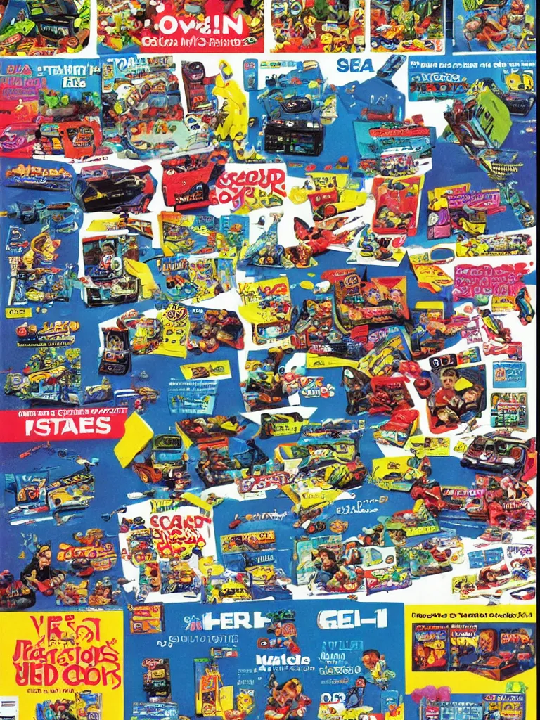 Image similar to the video - games page of the full - color 1 9 8 9 “ sears ” catalog. highly - detailed high - quality scan.